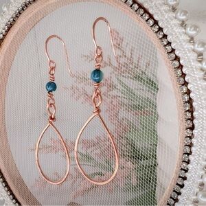 Hammered Copper Wire Wrap Earrings with Blue River Shell Beads